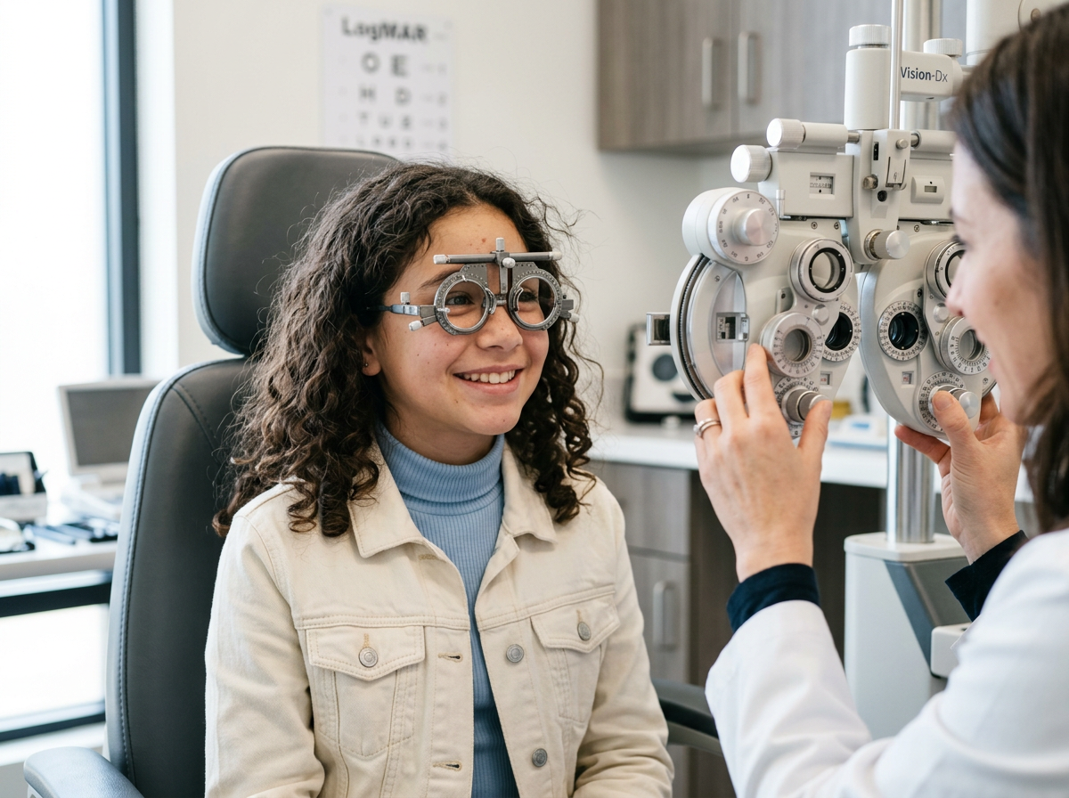 Optometrista cubano ayudando a una paciente a probar lentes en su casa de Mérida
